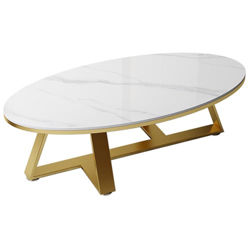 White Marble Coffee Table - Elegant Oval Design With Metal Frame - Stylish And Unique Center Table For Small Spaces - Sintered Stone Top - Capture The Essence (Size:90cm(35inch),Color:Gold Metal Legs)