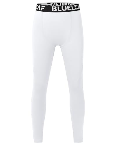 Blueleaf Boys Compression Leggings Youth Athletic Tights Basketball Baseball Football Running Pants Kids Quick Dry Sports Base Layer White L
