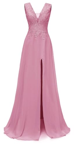 Robe de soirée longue en mousseline rose avec dentelle raffinée taille 42