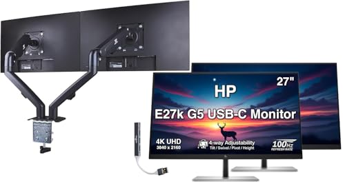 Image of HP E27k G5 27 inch 4K UHD IPS USB-C Monitor with 5ms Response Time, Anti Glare, Flicker Free, VESA Mount (100mm), Displayport, HDMI, Black /Silver (6N4C4AA#ABA) 2 Pack w /DKZ Hub & ErgoFlexy Dual Mount Arm