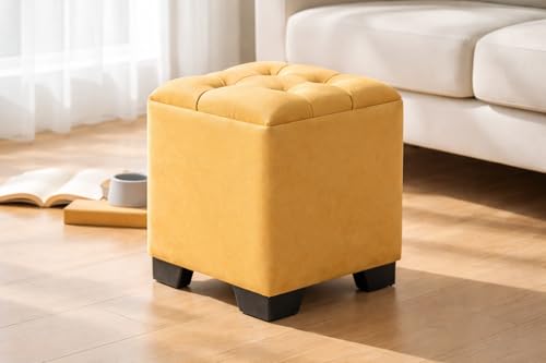 Image of Velvet Cube Ottoman | Seating Stool for Living Room | Soft Cushioned Footrest Stool with Durable Plastic Legs | Multipurpose Seating, Side Table & Pouffe Home Decor, 12x12x14 inch (Yellow)