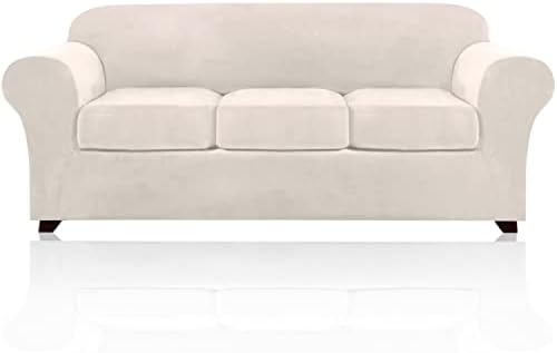 4 Pieces Sofa Covers Stretch Velvet Couch Covers for 3 Cushion Sofa Slipcovers Soft Sofa Slip Covers Furniture Covers with 3 Individual Seat Cushion Covers, Machine Washable (Large, Ivory)