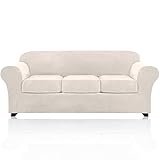 PrinceDeco Velvet Couch Covers for Sofa Soft 4 Pieces Couch Covers for 3 Cushion Couch Sofa Pet Friendly Furniture Protector with Non Slip Elastic Bottom Width Up to 90 Inch (Large, Ivory)