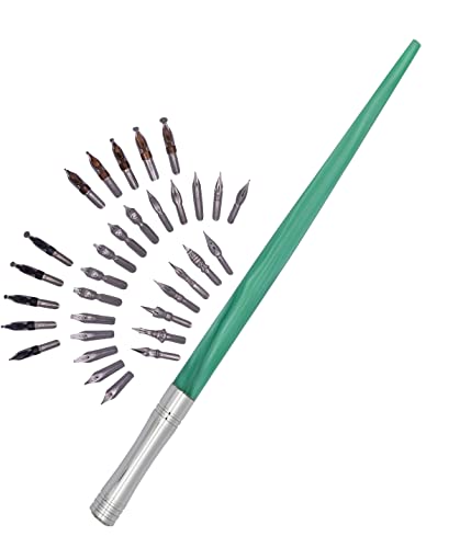 Gullor Juego de caligrafía de resina hecha a mano con 33 puntas para arte, firmas, dibujo, kits de caligrafía para principiantes (verde)
