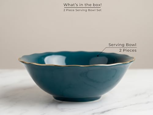 Image of Bodhi House 2-Piece Gold Rim Porcelain Serving Bowl Set | Lightweight, Chip Resistant, | Dishwasher Safe | Elegant Tableware for Home Dining, Parties, Serving & Gifting Use | Teal