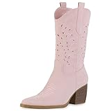  VAN HILL Damen Cowboystiefel Stiefel Schuhe Spitze Stickereien Cut-Outs Westernstiefel Holzoptikabsatz Freizeit Boots 211271 Rosa Velours 39