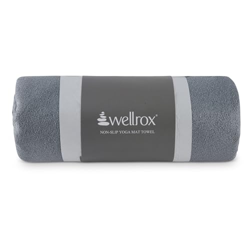 Wellrox Microfiber Yoga Mat Towel with Grip – Ultra Absorbent, Super Soft, and Quick Dry Hot Yoga Towel Non Slip for Pilates, Bikram, and Fitness Workouts (74” x 26”, Grey)