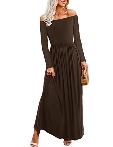 Amoretu Ladies Casua Long Sleeve Dresses Off Shoulder Maxi Dress Casual  Outfits Brown S at Amazon Women's Clothing store