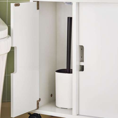 SoBuy Badezimmerschrank auf Rollen Schmaler Schrank mit 2 Schiebetüren & offener Ablage Badmöbel Kommode für Bad, WC, kleine Räume 70x71x20cm Weiß BZR02-W