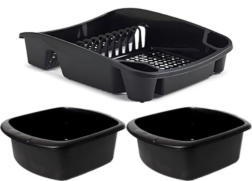 VR7-2X Large Washing Up Bowl and 1x Drainer Set - Durable Plastic Rectangular Washing up Bowls for Basin and Sink, Easy-to-Hold, High-Capacity Kitchen Dish Drainer Rack for Efficient Drying - Black
