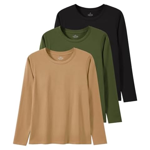 Xelky Womens Cotton Long Sleeve Shirts Workout Round Neck Casual Tops T-Shirt Plain Basic Soild Tee 3 Pack Black/Army Green/Coffee XL Cover