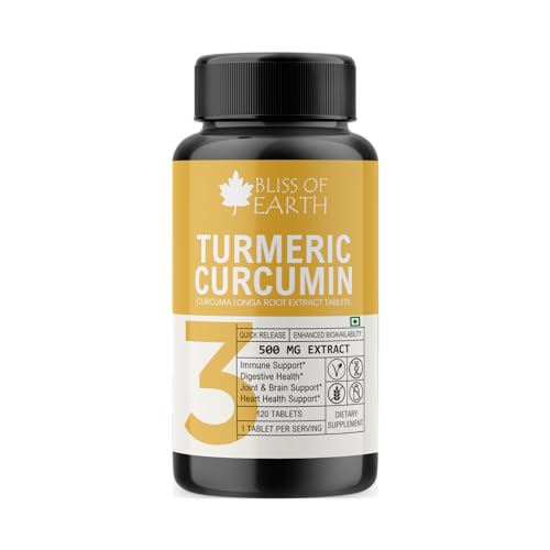 Bliss of Earth Turmeric Curcumin Tablets, 95% Curcuminoids, 500 mg Extract (Equivalent to 3700 mg Root Powder) High Potency, Quick Release & Enhanced Bioavailability, 120 Tablets