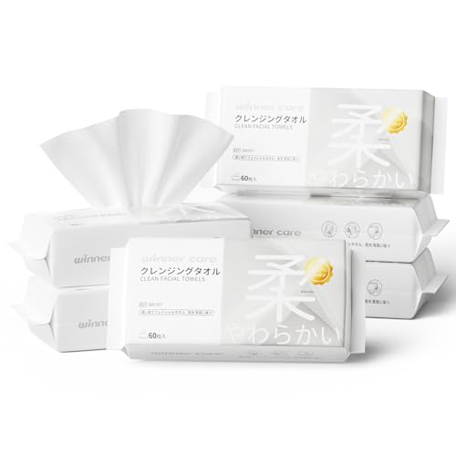 Winner クレンジングタオル フェイスタオル 使い捨て OEKO-TEX®認証 100%コットン ふきとり用 フェイスペーパー 使い捨てタオル 手拭き 顔拭き メイク落とし フェイシャルタオル 毛羽立ちなし 敏感肌 肌荒れ対策 スキンケア 瞬間吸湿 乾湿両用 柔らかい肌触り 厚手タオル【20x20cm 60枚入×6個セット】