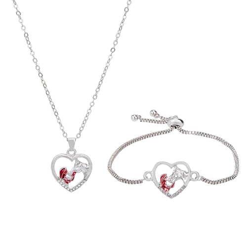 HOBBIESAY El juego de pulseras incluye 1 collar de niña con caballo, 1 pulsera con colgante de corazón, colgante de diamantes de imitación de platino, joyería de aleación con eslabones de corazón,