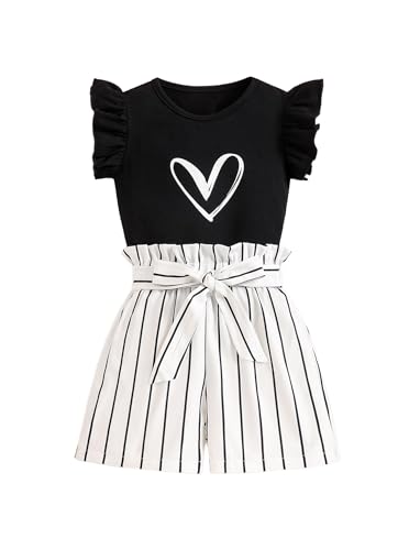Image of Girls 2 Piece Outfits Summer Ruffle Sleeve Top and High Waisted Striped Shorts Set for Girls 7-14