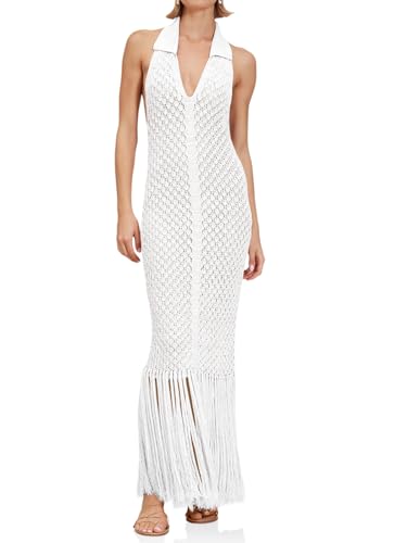 Saodimallsu Womens Halter Crochet Cover Up Fringe Sexy Backless Sleeveless V Neck Collared Vacation Beach Maxi Dress