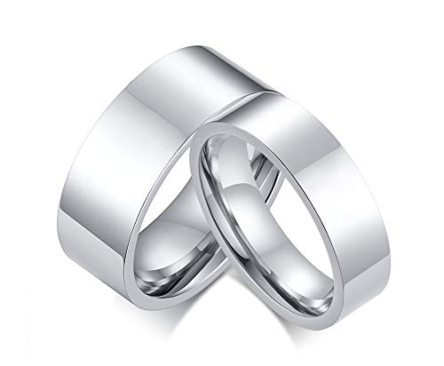 Free Personalized Engraved Nickname Date Coordinates Roman Numerals 8MM&6MM High Polish Stainless Steel Flat Engagement Ring Wedding Band,Anniversary Birthday Gift for Him Her2