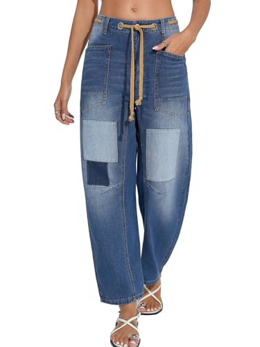 ALSOGO Women's Barrel Jeans Vintage Wide Leg Mid Rise Y2k Baggy Boyfriend Jean Ankle Denim Pants with Drawstring