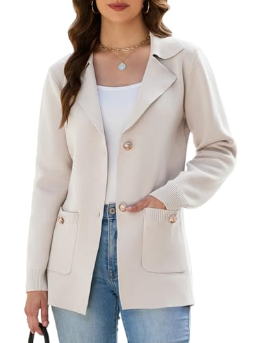 KateModa Womens Sweater Blazers Bussiness Casual Jacket Long Sleeve Cardigan Button Front Lapel Suit with Pockets Beige L