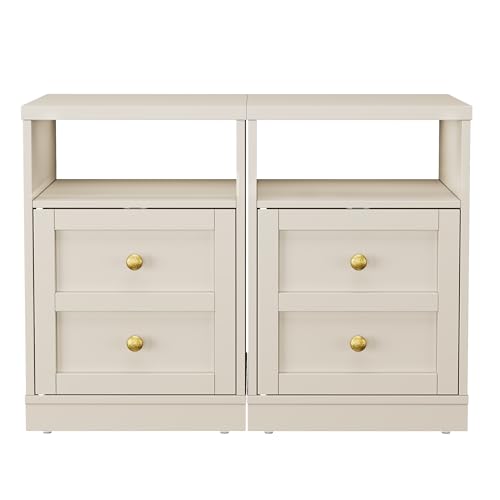 RoyalCraft Beige Nightstand Set of 2, Small End Table with Storage Shelf and Door, Faux Two-Drawer Design Side Table, Modern Night Stand for Bedroom Dorm, Wood Beside Table for Small Spaces by RoyalCraft - Image 8