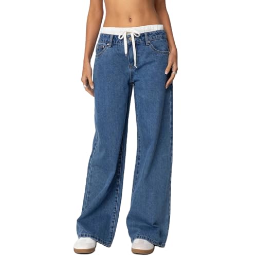Mxiqqpltky High Waisted Jeans for Women Y2K Color Block Patchwork Drawstring Wide Leg Denim Pants Vintage Boyfriends Pants