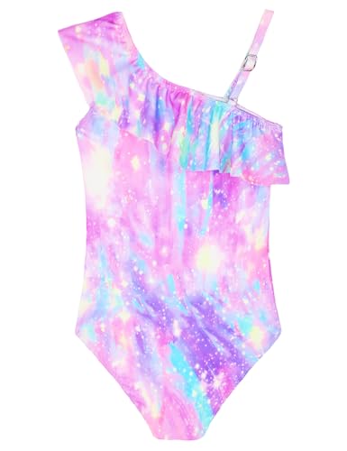 Image of Snowheart Girls Swimsuit Adjustable Shoulder Strap UPF50+ One-Shoulder Ruffle Bathing Suit 3-12T