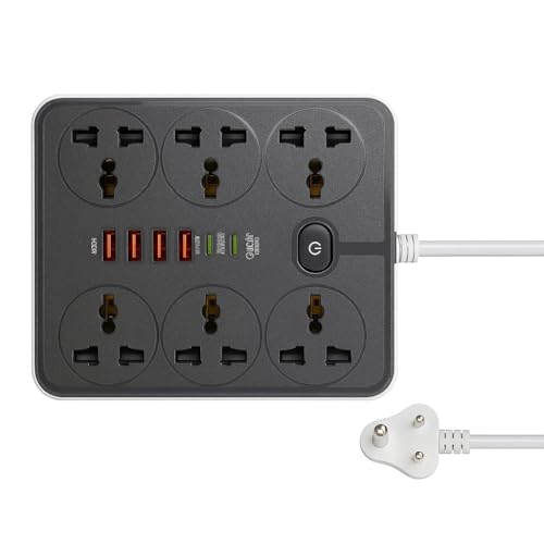 Image of Extension Board, Power Strip with 6 USB Ports and 3 Universal Socket, 2500W 10A Extension Cord, 3-Pin Surge Protector Power Strip for Home, Office, Computer, Mobile Charging (Black-Z67)