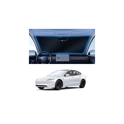 Image of Canvcle Windshield Sun Shade for 2017-2025 2026 Tesla Model Y /3 Accessories (Fit 2025 Model Y Juniper /2024 Model 3 Highland) Double-Layer Front Window Sunshade Sun Visor Block UV Rays Keep Car Cool
