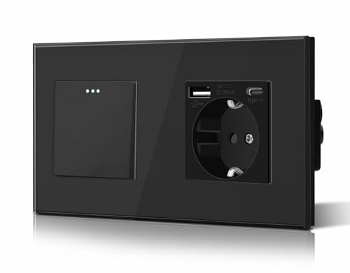 BSEED Interruptor Normal y Enchufe USB C,Basculante Con Luz de Orientación,Marco de Cristal,Fácil Instalación,Fáciles de Limpiar,1 Gang 1 Vía Con Enchufe USB/Tipo C,157mm Negro