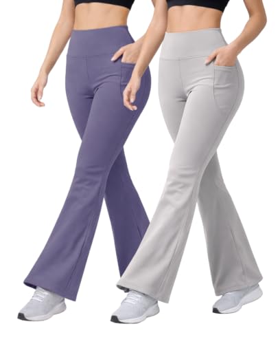 Image of Women's High Waist Bootcut Yoga Pants with Side Pockets | Flared Gym Leggings for Women | Stretchable Workout Bell Bottom Tights for Yoga, Gym, Running & Casual Wear Pack of 2