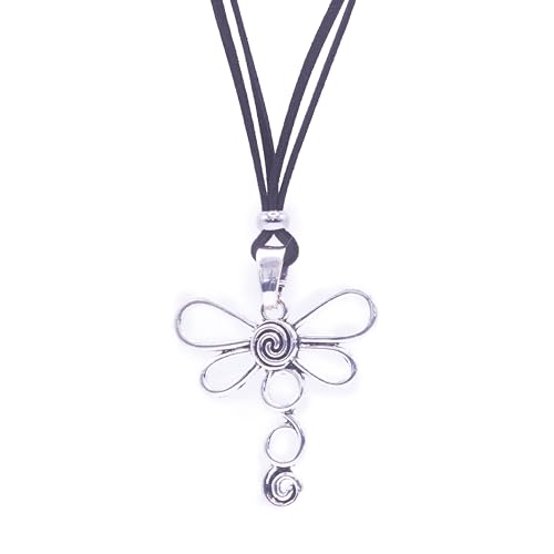 NILUXE DESIGN- Colgante Mujer Libélula Plata Tibetana - Collar Libélula Grande - Colgante Espiral Largo Estilo Bohemio - Altura Ajustable- Cadena de acero o Antelina Negra(Cadena antelina)