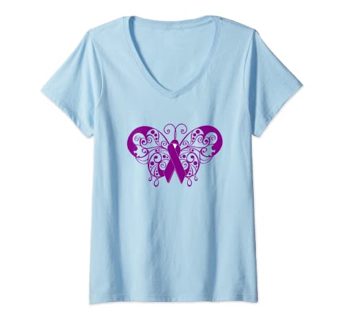 Mujer Camiseta de concientización sobre el cáncer de páncreas con cinta púrpura mariposa Camiseta Cuello V
