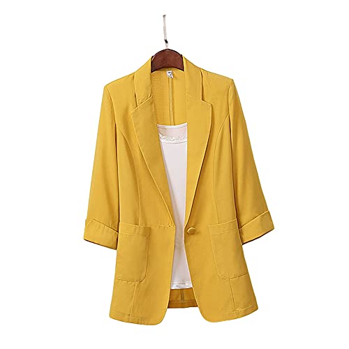 NIDONE Giacca da Abito Donna di Media Lunghezza, Giacca da Cerimonia Casual in Lino Tinta Unita, Giallo, XL
