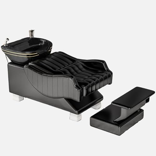 Sillón de champú para salón, sillón de barbero con Lavado a contracorriente, estación de Fregadero con Cuenco para champú, Equipo de salón de SPA con reposapiés y Juego de Lavabo de cerámica