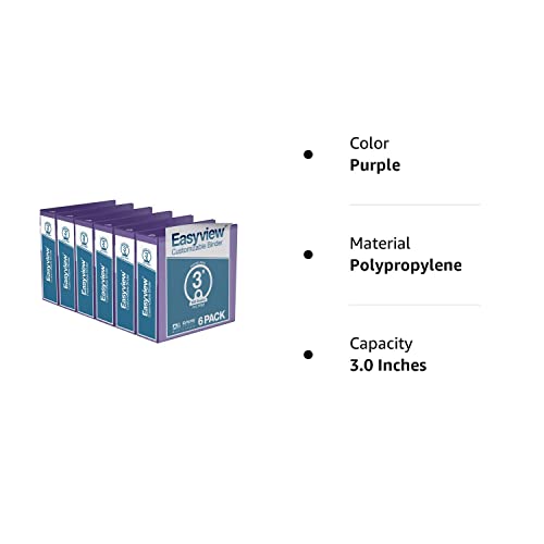 Easyview Premium 3-Inch Binders, Customizable Ring Binders For School Or Work, Pack Of 6, Round Ring, Purple #TOP7