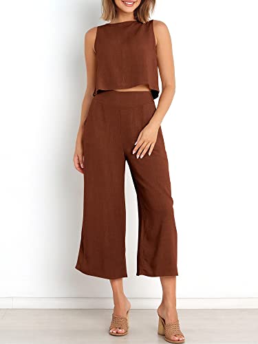 Image of ANRABESS Women's Summer 2 Piece Outfits Sleeveless Tank Crop Button Back Top Cropped Wide Leg Pants Set Pockets