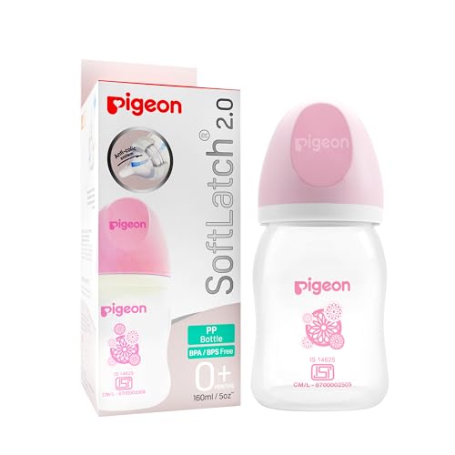 Image of Pigeon Softlatch 2.0 Wide Neck Feeding Bottle 160ML | Baby Milk Bottle for 0 Months to 3 Years | BPA-Free, Anti-Colic, Nipple Collapse-Resistant | Feeding Bottle for Kids & Toddlers (Pink Hood)