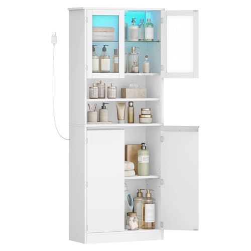 Hzuaneri Meuble Salle de Bain, Meuble de Rangement Haute avec Éclairage LED, Armoire sur Pied avec...