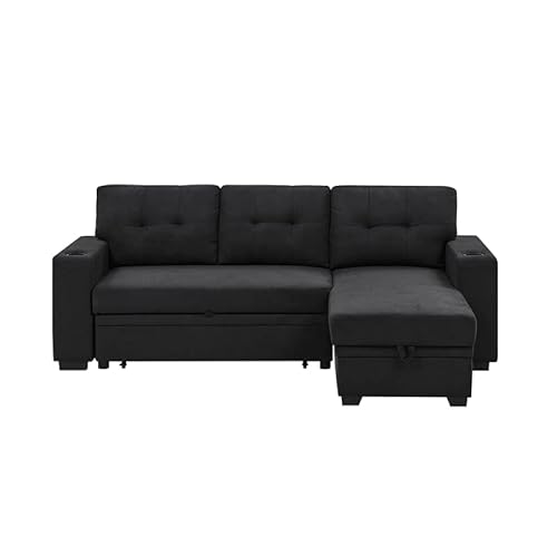 Partner Furniture Upholstery Polyester Blend Fabric Convertible Sectional Sleeper Sofa With Cup Holders In Black #TOP6