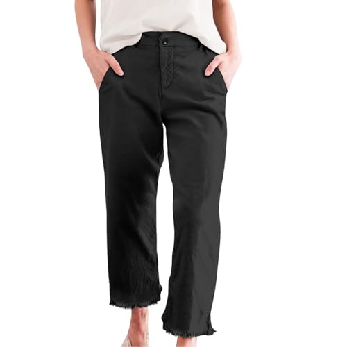 Cotton Linen Cropped Pants Women Straight Leg Capris Summer Business Casual Cargo Pants Ankle Length Chino Trousers