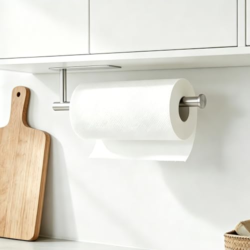Image of Paper Towel Holder Under Cabinet, Self Adhesive Paper Towel Roll Holder Stick on Wall, Stainless Steel Towel Bars for Kitchen, Bathroom, RV