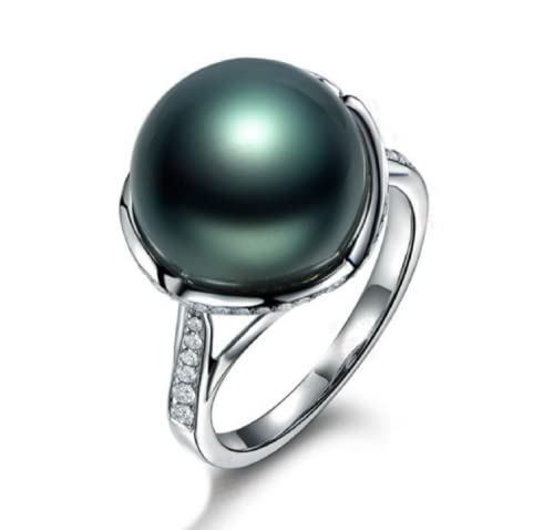 Awmnjtmgpw 925 Sterling Silver Cut Large Freshwater Pearl Ring - Black Pearl Lady Wedding and Party Ring - Size 6-10 (Size 6)