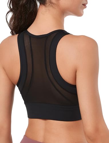 Yvette Damen Sport bh mit Vorderverschluss Mesh Ringerrücken volle Abdeckung Lauf Fitness Reiten Bra, Schwarz, L