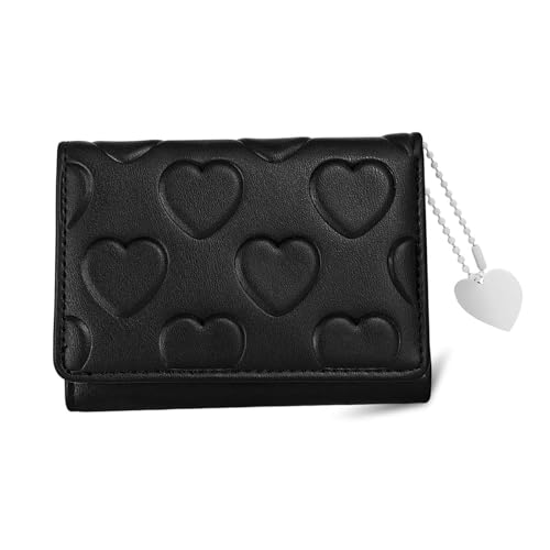 Small Wallets for Women and Girls with Heart-Shaped Pendant and Pattern, Womens Wallet PU Leather Wallet Trifold Wallets with 7 Credit Cards Slots and ID Window (Heart, Black)