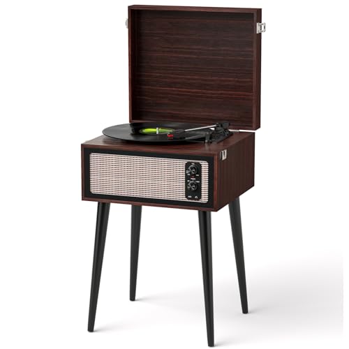 Image of Vintage Standing Vinyl Record Player with Detachable Legs, PC Recording, 3-Speed Belt Driven Bluetooth Turntable Built-in Stereo Speakers Use as Stand or Tabletop Player, Home Decor, Espresso