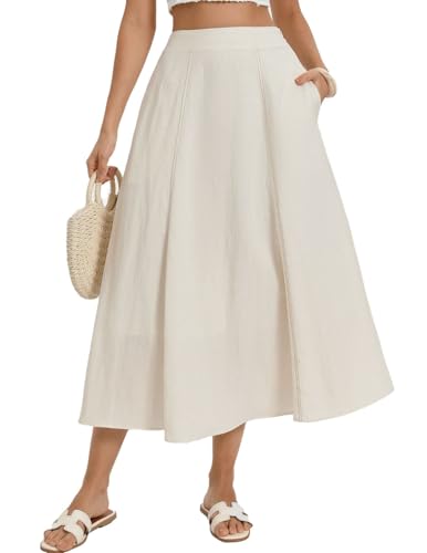 Kate Kasin Women's White Linen Blend Skirts, High Waist A Line Skirt, Flowy Summer Long Skirt with Pockets
