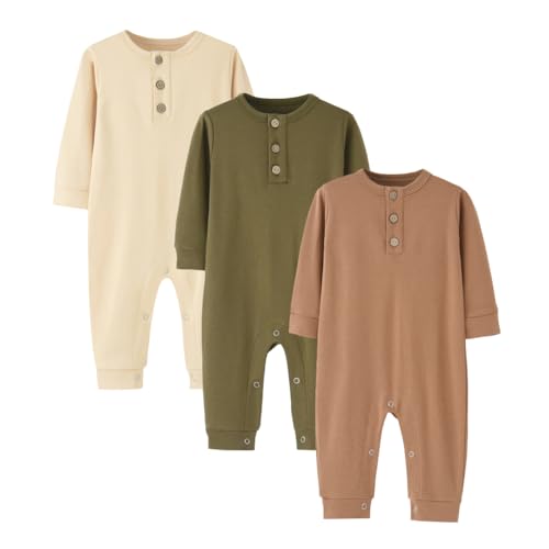 Image of Bafeicao 3 Pack Unisex Newborn Baby Boy Girl Rompers Cotton Long Sleeve Button Jumpsuit One-Piece Clothes Outfits