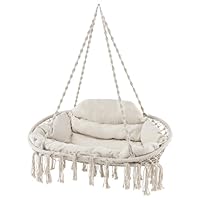 COSTWAY 2-Seater Hammock Swing Chair with Cushions, Folding Metal Frame Cotton Rope Macrame Hanging Chair, Indoor Outdoor Tassels Swing Seat for Porch, Poolside & Deck (without Stand)