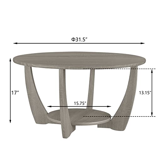 Giofanzo Round Coffee Table, Simple Fashion Industrial Design Round Sofa Table With 2-Tier Storage Space For Living Room, Bedroom, Coffee Bar, Grey, 31.5" D X 17" H #TOP1