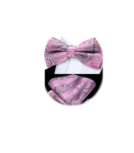 Image of Dubulle Mens Paisley Striped Bowtie Set Pre-tied Bowtie for Men and Pocket Square Set Wedding Business